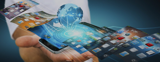 Businessman with modern mobile phone in his hand switching pictures