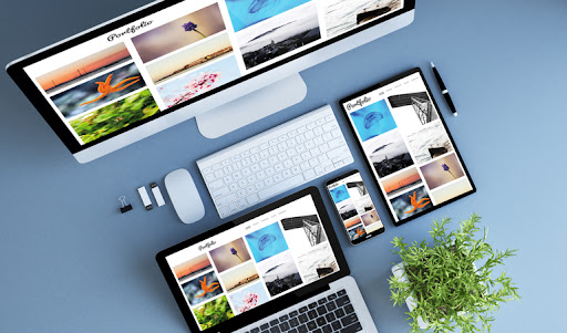 blue devices top view creative photo portfolio 3d rendering.
