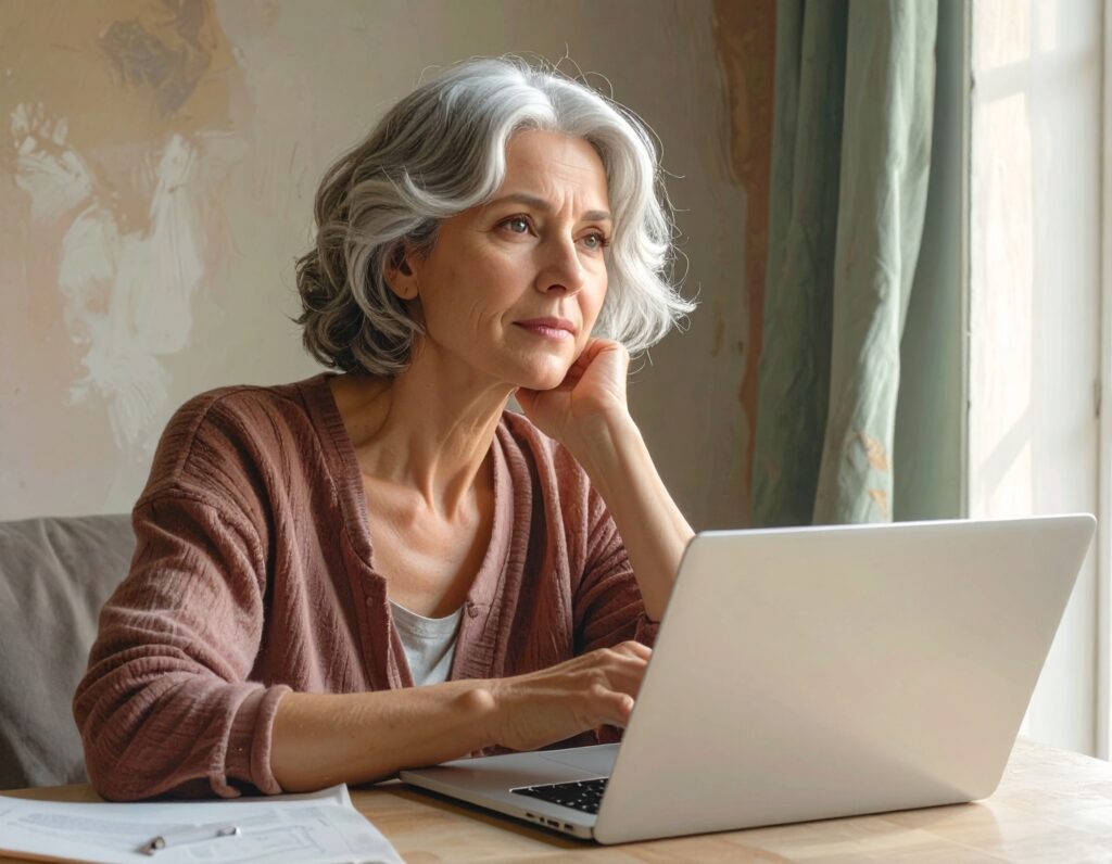 Firefly_Une femme Européenne, 50 ans, cheveux gris, qui réfléchit au centre de la photo. elle 48462